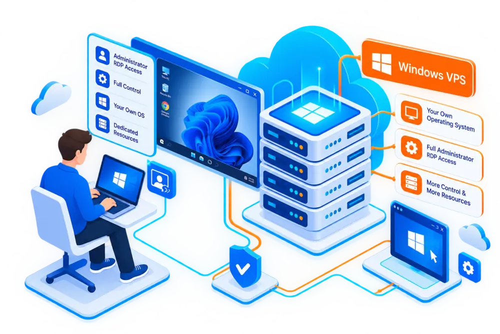 Ilustrasi VPS Windows LumiCloud dengan akses RDP